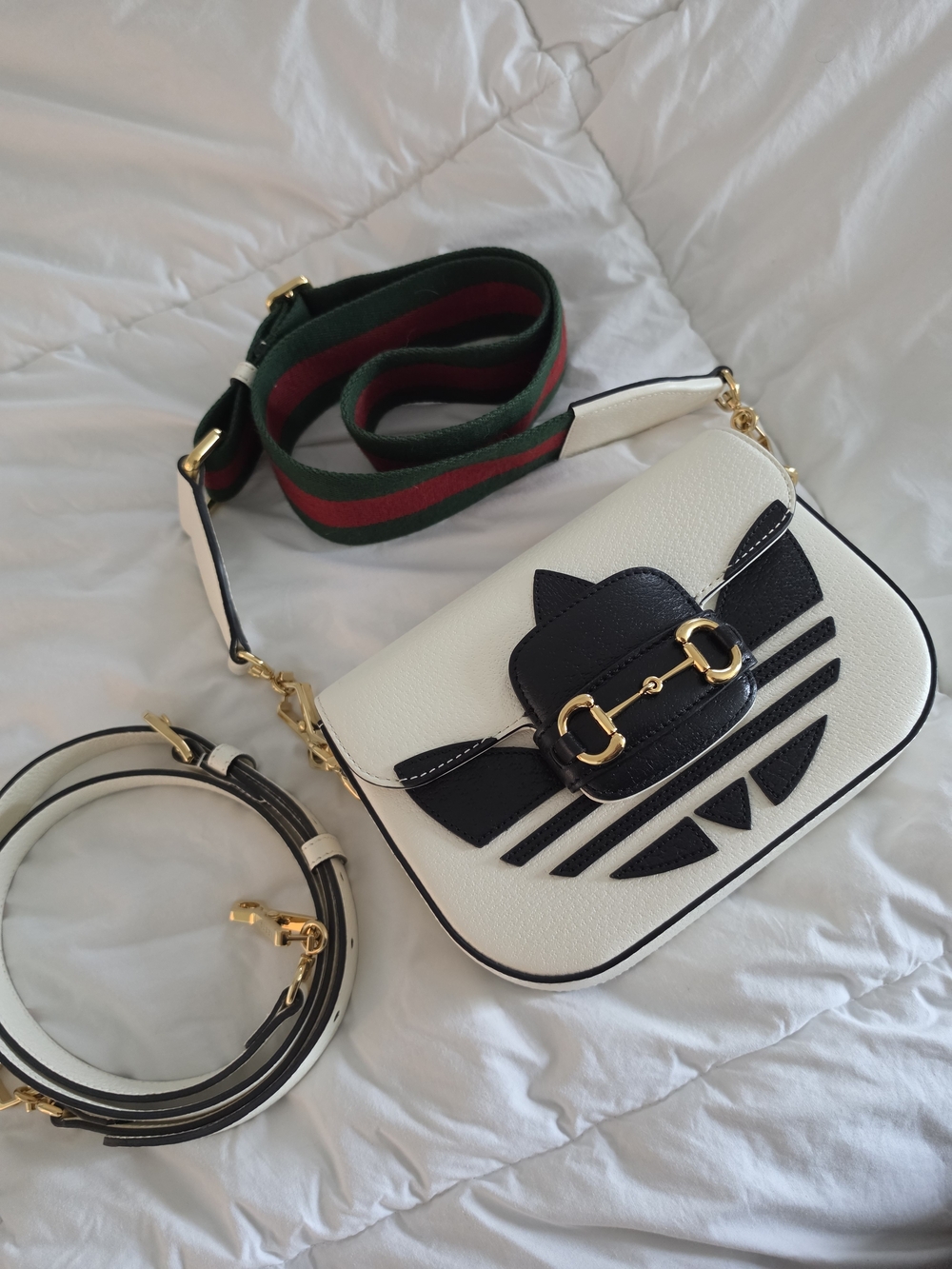 Gucci x Adidas Horsebit 1955 handbag featuring white calfskin leather